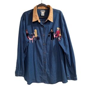 Vtg Bobbie Brooks Embellished Denim Shirt Ladies Dogs Shopping Size 26/28